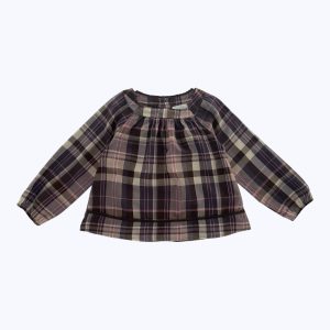 Blouse enfant manches longues écossais violet marron rose et gris, patte de boutonnage au dos. Seconde main.