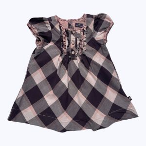 Robe bébé manches courtes effet ballon, ouverture centrale dos, motifs losanges rose prune. Seconde main.