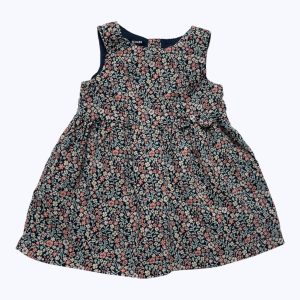Robe bébé débardeur bleu marine imprimée petites fleurs rose crème vert, patte de boutonnage au dos. Seconde main.