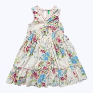 Robe enfant débardeur rose clair imprimé floral bleu vert et bordeaux, smocks à la taille, bouton au dos col V. Seconde main.