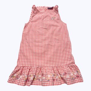 Robe enfant débardeur vichy blanc et corail, patte de boutonnage au dos, volant avec de broderies fleurs jaune bleu au bas. Seconde main.