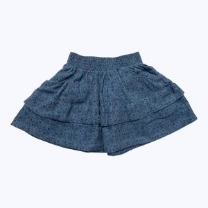 Jupe enfant bleu motifs petites fleurs bleu foncé taille élastique, volants au bas. Seconde main.