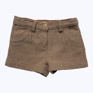 Short enfant beige fil doré et blanc, taille ajustable. Seconde main.