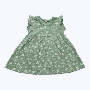 Robe bébé maille manches courtes volantées vert clair motif floral crème , fronce à la taille patte de boutonnage à l'épaule.