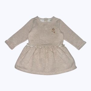 Robe molleton bébé manches longues beige à paillettes, patte boutonnage au dos. Seconde main.
