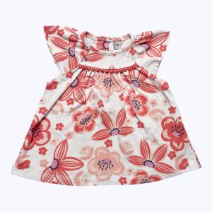 Tunique bébé manches courtes blanches motifs floral coloré patte de boutonnage au dos. Seconde main.