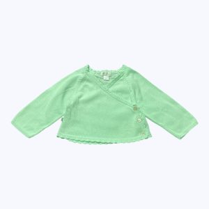 Gilet bébé vert d'eau manches longues cache cœur. Seconde main.