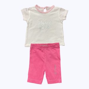 Ensemble bébé t shirt manches courtes blanc imprimé cœur argent boutonnage au dos et legging rose. Seconde main.