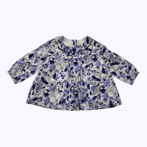 Robe bébé manches longues doublée blanche motifs violet, ouverture centrale dos. Seconde main.