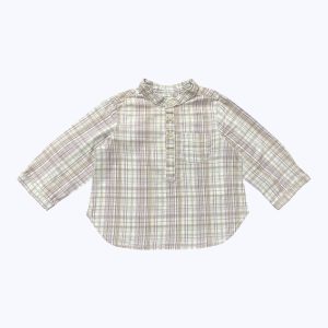 Chemise bébé manches longues écossais crème parme gris, patte boutonnage devant. Seconde main.