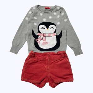 Ensemble enfant pull gris motif pingouin et short velours petite côte rouille taille ajustable. Seconde main.