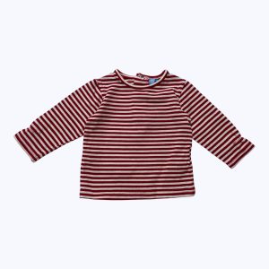T-shirt bébé manches longues rayé blanc rouge, patte de boutonnage au dos. Seconde main.