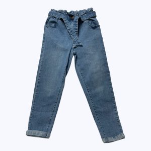 Pantalon jean enfant taille élastique et ceinturé revers au bas boutonnage devant. Seconde main.