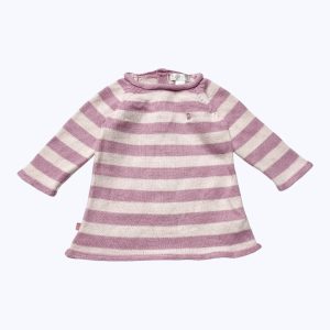 Robe tricot bébé manches longues rayée rose clair parme, patte de boutonnage au dos. Seconde main.
