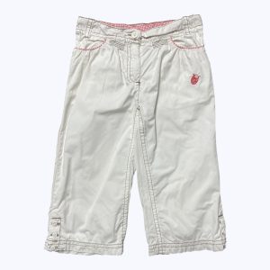 Pantalon enfant blanc coutures kaki petite broderie rouge coccinelle, taille ajustable. Seconde main.