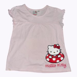 T-shirt enfant rose clair manches courtes froncées, sérigraphie Hello Kitty devant. Seconde main.