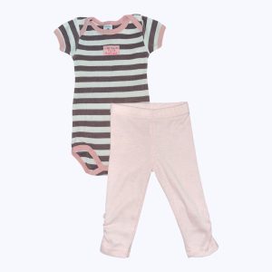Ensemble bébé body manches courtes rayé crème chocolat legging rose clair élastiqué à la taille. Seconde main.