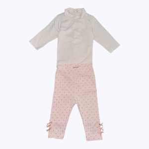 Ensemble bébé t-shirt manches longues col roulé rose pâle legging rose à pois foncés. Seconde main.