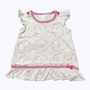Robe bébé maille manches courtes volantées blanche motifs petites fleurs, boutons épaules. Seconde main.