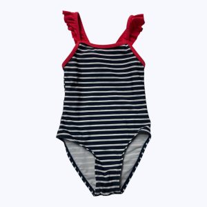 Maillot de bain enfant une pièce rayé marine blanc bretelles volantées rouge. Seconde main.