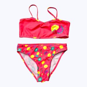 Maillot de bain enfant deux pièces orange motifs fruits. Seconde main.