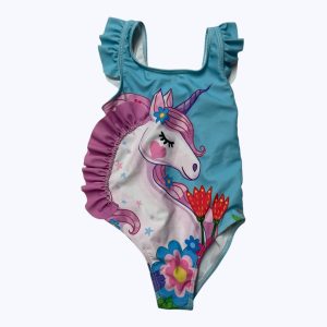 Maillot enfant une pièce bleu, motif licorne. Seconde main.