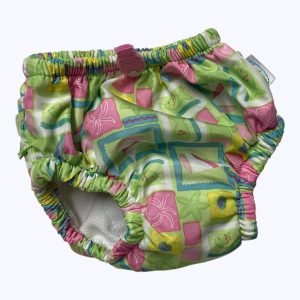 Maillot de bain culotte bébé motifs anis rose bleu adaptée au bébé. Seconde main.