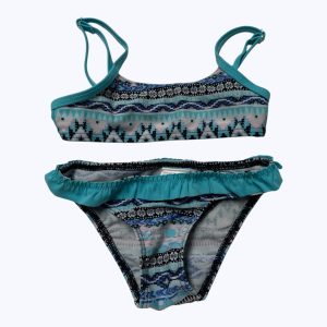 Maillot de bain enfant deux pièces bleu culotte volantée. Seconde main.