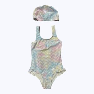 Maillot de bain et bonnet enfant sirène rose et bleu argenté. Seconde amin.