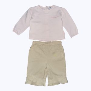 Ensemble bébé t-shirt manches longues rose pâle ouverture centrale dos, pantalon grège élastique taille. Seconde main.