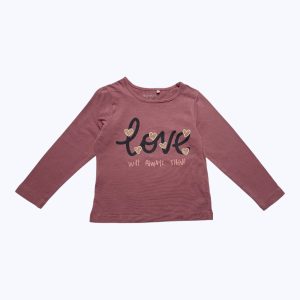 T-shirt enfant manches longues vieux rose foncé motifs doré et paillettes. Seconde main.