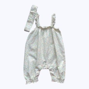 Lot combinaison bébé blanche bretelles volantées smocks poitrine et chevilles, bandeau, imprimé floral rose jaune vert. Seconde main.