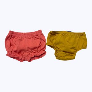 Lot bébé bloomer corail et culotte moutarde. Seconde main.