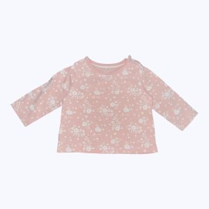 T-shirt bébé manches longues rose imprimé motifs fleurs blanche patte de boutonnage à l'épaule. Seconde main.