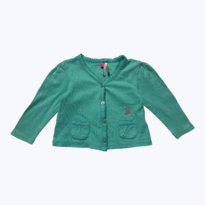 Gilet bébé vert turquoise manches longues poches plaquées. Seconde main.