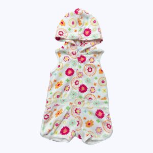 Combishort de plage bébé matière éponge blanc à motifs géométrique multicolore, zip central devant capuche. Seconde main.