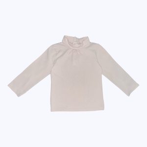 T-shirt manches longues col roulé rose pâle, patte de boutonnage au dos. Seconde main.