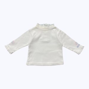 T-shirt bébé manches longues petit col haut blanc fines broderie bouquet de lavande poignets. Seconde main.