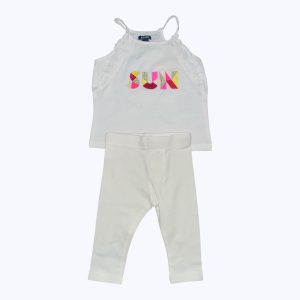 Ensemble bébé débardeur blanc broderies crème rose doré jaune bordeaux, legging crème. Seconde main.