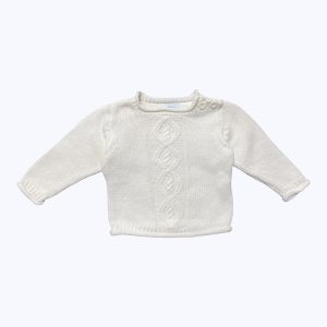 Pull bébé type Irlandais manches longues blanc patte de boutonnage à l'épaule. Seconde main.